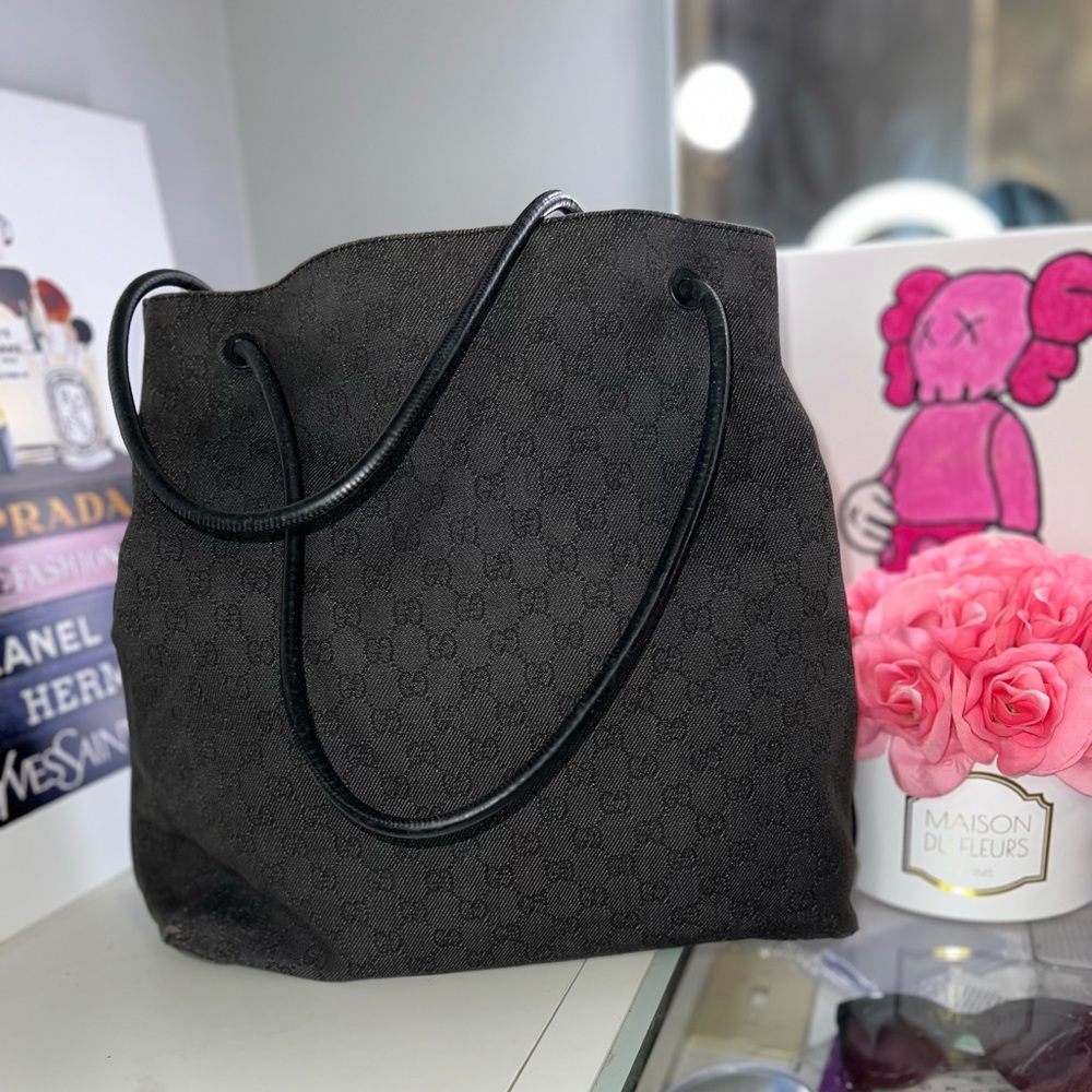 Authentic Gucci Monogram Black Denim Tote/Shoulder Bag